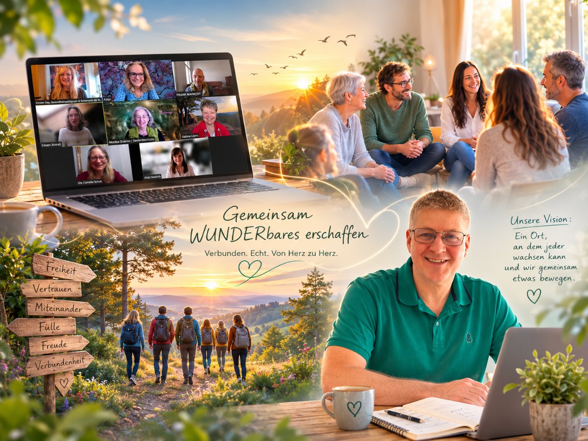 KI-generiertes Symbolbild: Menschen im Gespräch und ein freier Platz am Tisch als Einladung zur Community mit Herz.